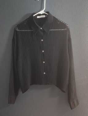 Mustard Seed Black Y2k Mesh Sheer Knit Layering Grunge Button-Down Shirt